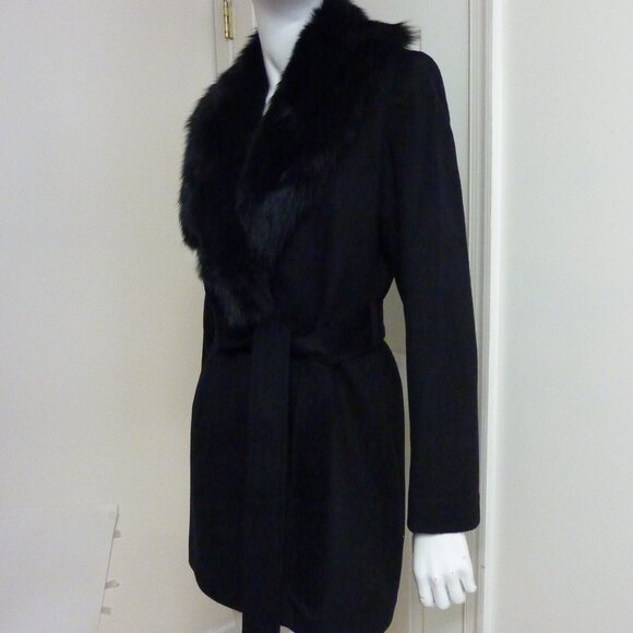 Sofia Cashmere Shearling Collar Wool Blend Wrap Coat - Picture 6 of 9